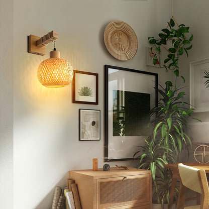 Rustic Rattan & Wood Wall Sconce