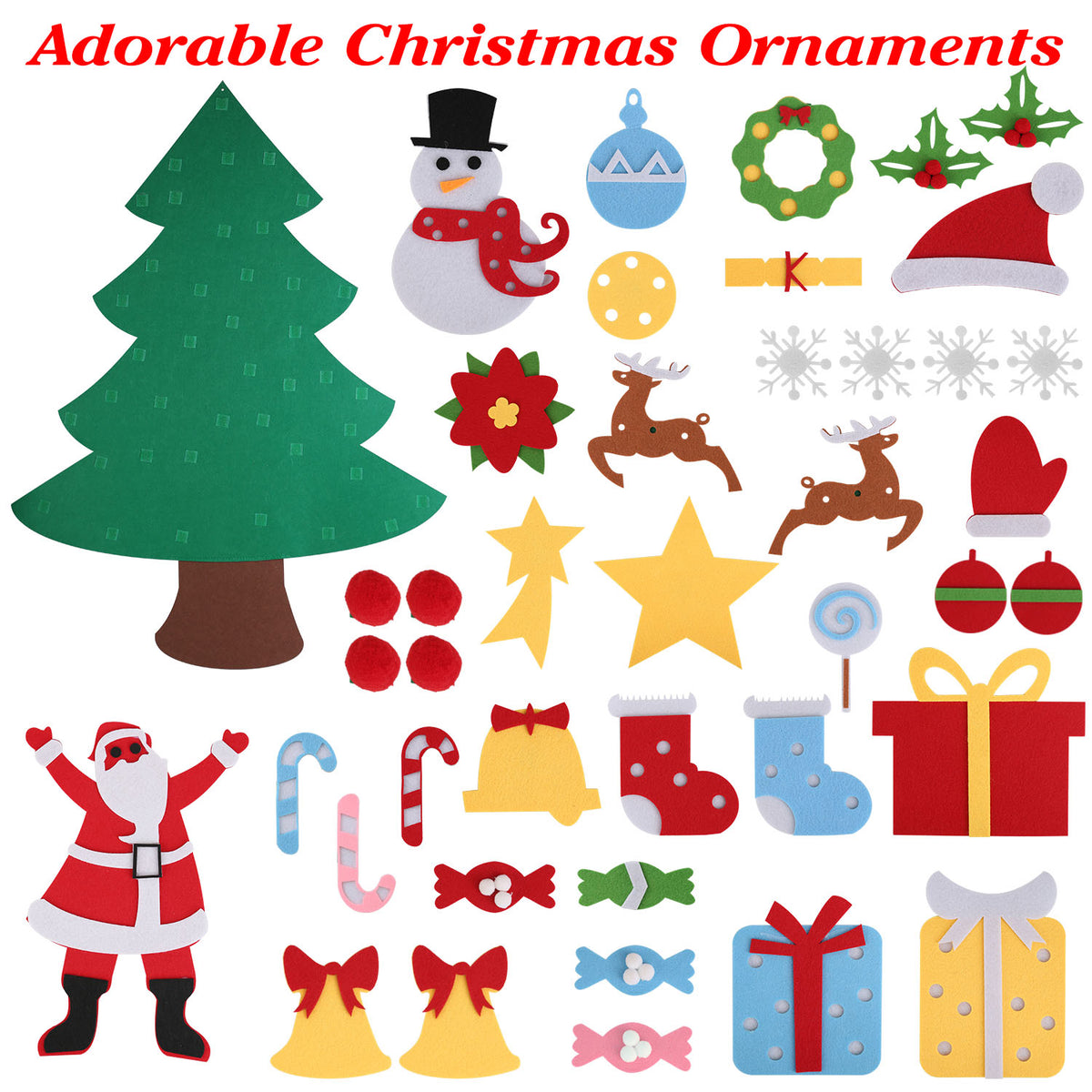 Felt Christmas tree wall hanging with colorful felt ornaments