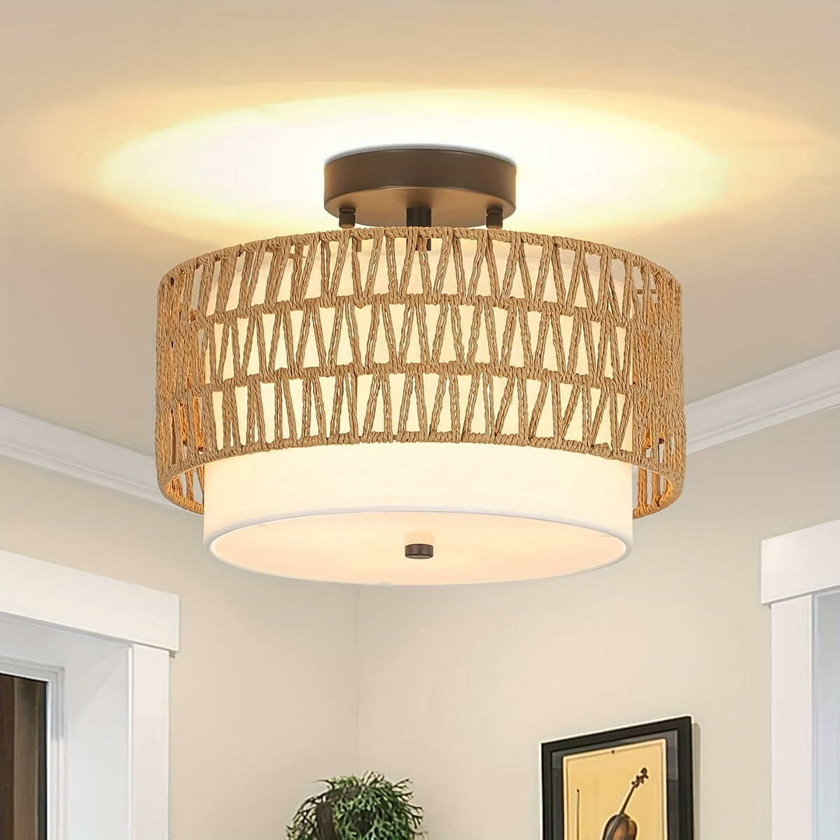 Boho Rattan Linen Ceiling Light
