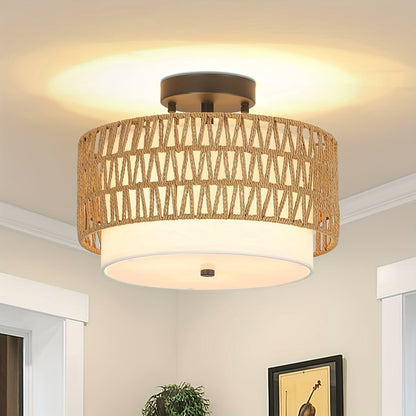 Boho Rattan Linen Ceiling Light