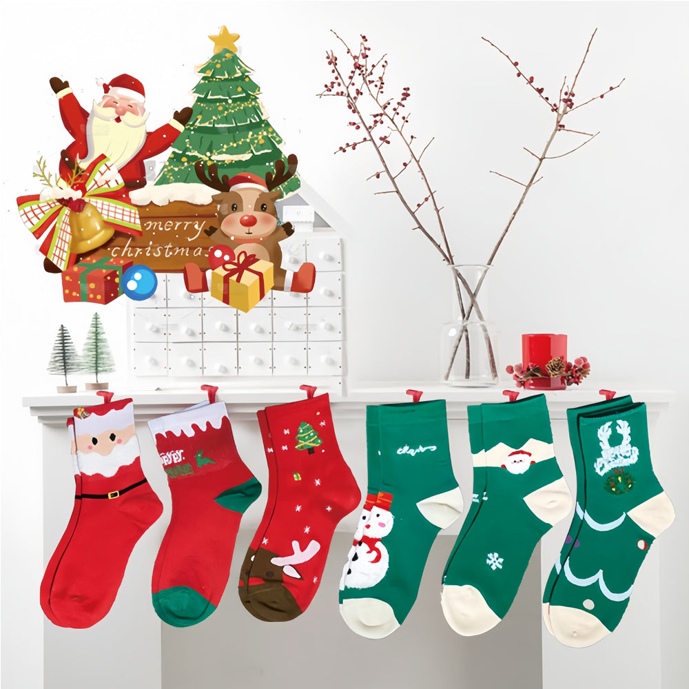 Six pairs of Christmas socks in a gift box with greeting cards