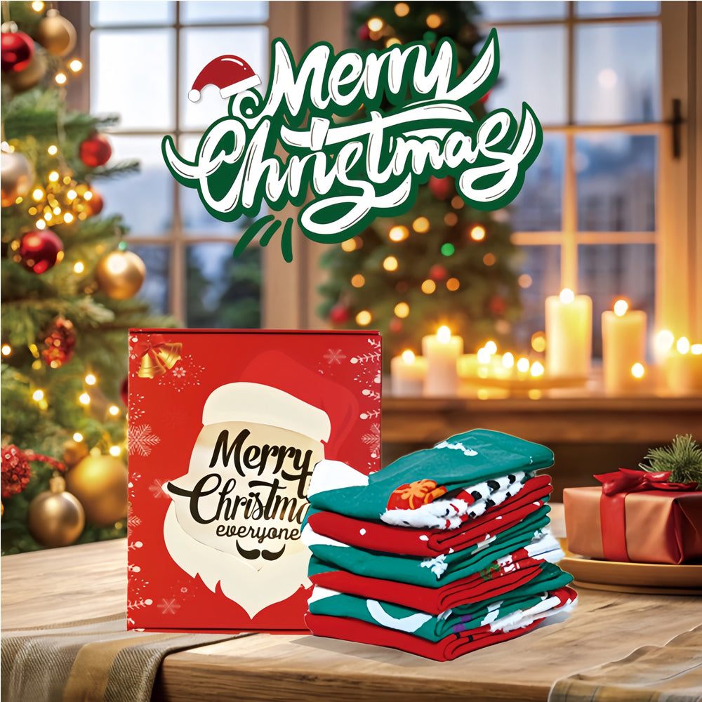 Six pairs of Christmas socks in a gift box with greeting cards