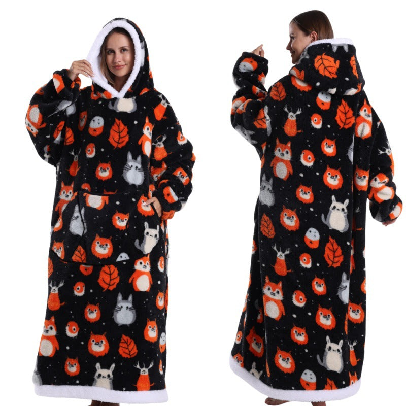 Fleece wearable blanket hoodie, Gray Beaver print