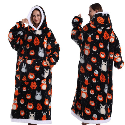 Fleece wearable blanket hoodie, Gray Beaver print