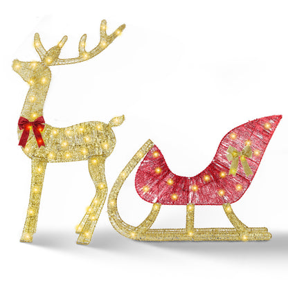 Lighted gold reindeer and red sleigh Christmas decoration