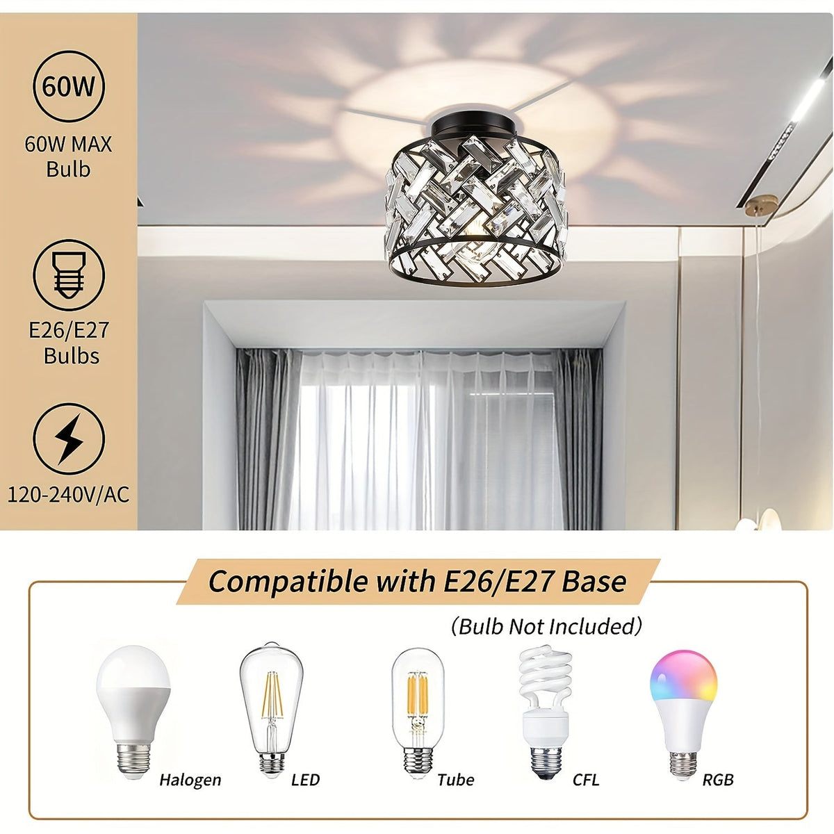 Modern Crystal Semi-Flush Ceiling Light