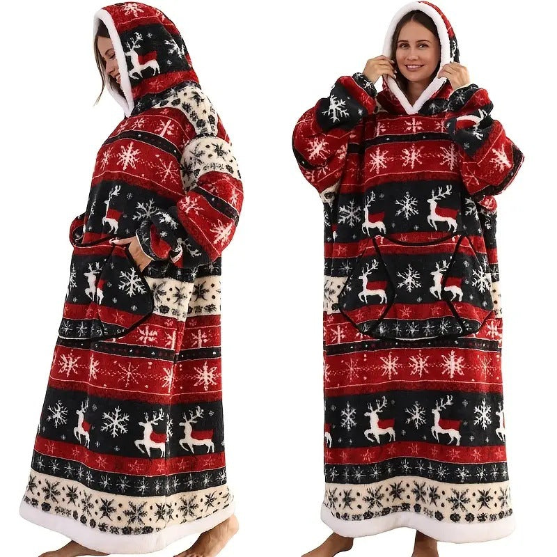 Fleece wearable blanket hoodie, Christmas plaid print