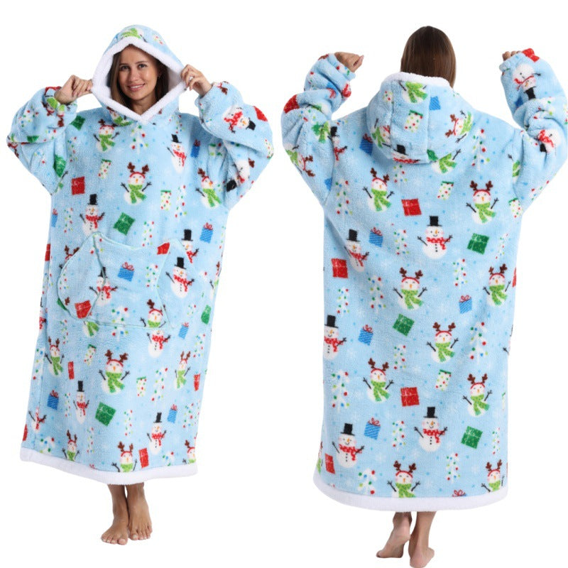 Fleece wearable blanket hoodie, blue Christmas print