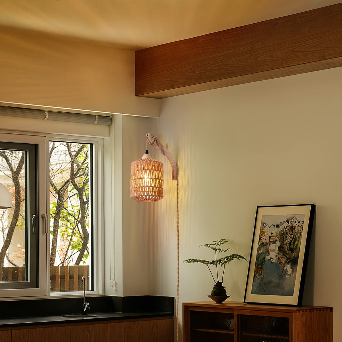 Boho Wood and Rattan Wall Lamp