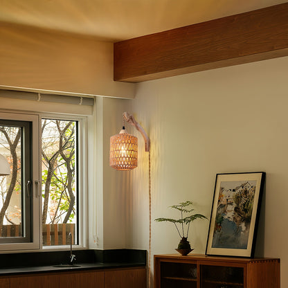 Boho Wood and Rattan Wall Lamp