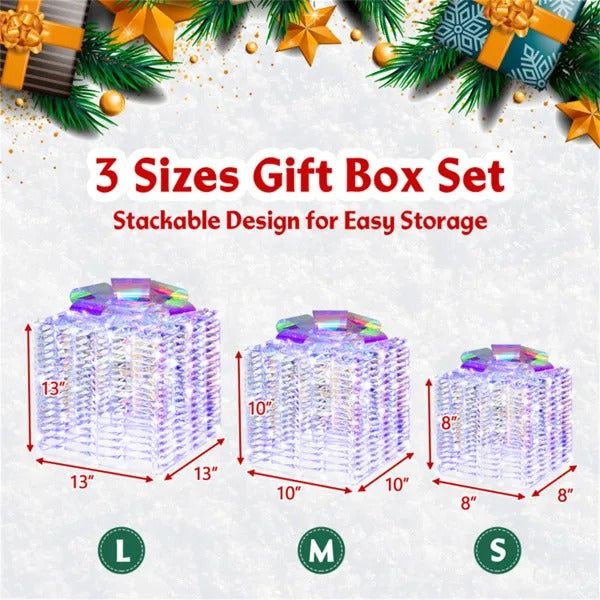 Set of three iridescent lighted Christmas gift box decorations
