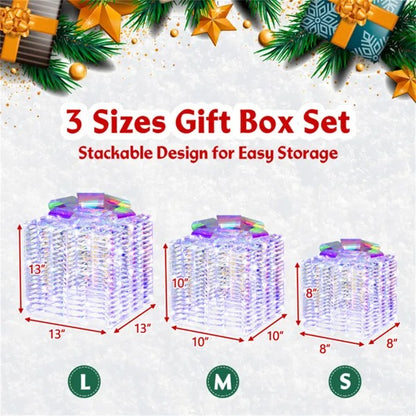 Set of three iridescent lighted Christmas gift box decorations