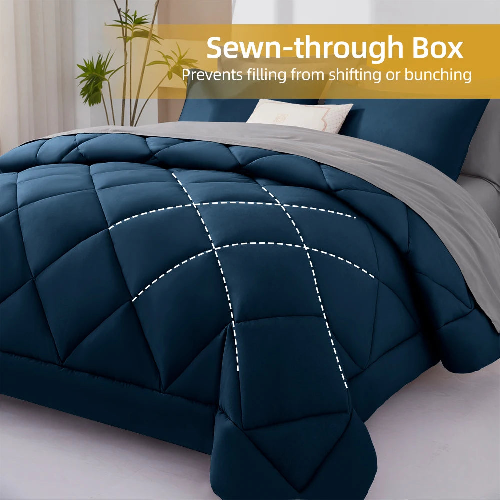 7-Piece Quilted Comforter Bed in a Bag Set - Navy Blue