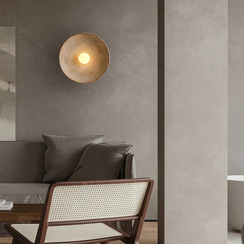 Rustic Round Wall Sconce with Wood-Grain Finish