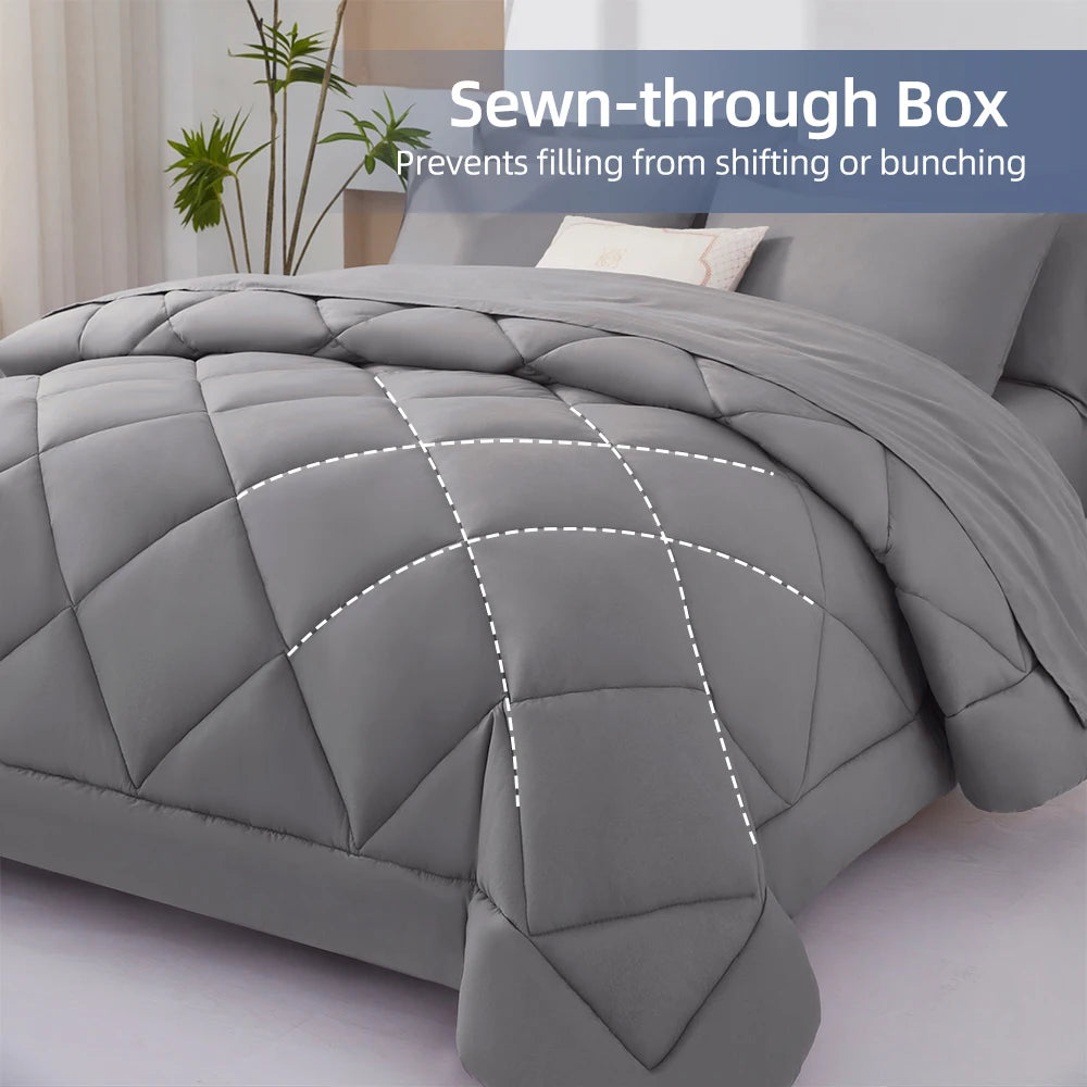 7-Piece Quilted Comforter Bed in a Bag Set - Light Gray