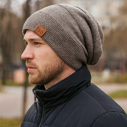 Cozy Crest Fleece Lined Slouch Beanie - Windproof Knit Winter Hat, Fits 22 to 22.8 in, Khaki / Black / Grey / Red