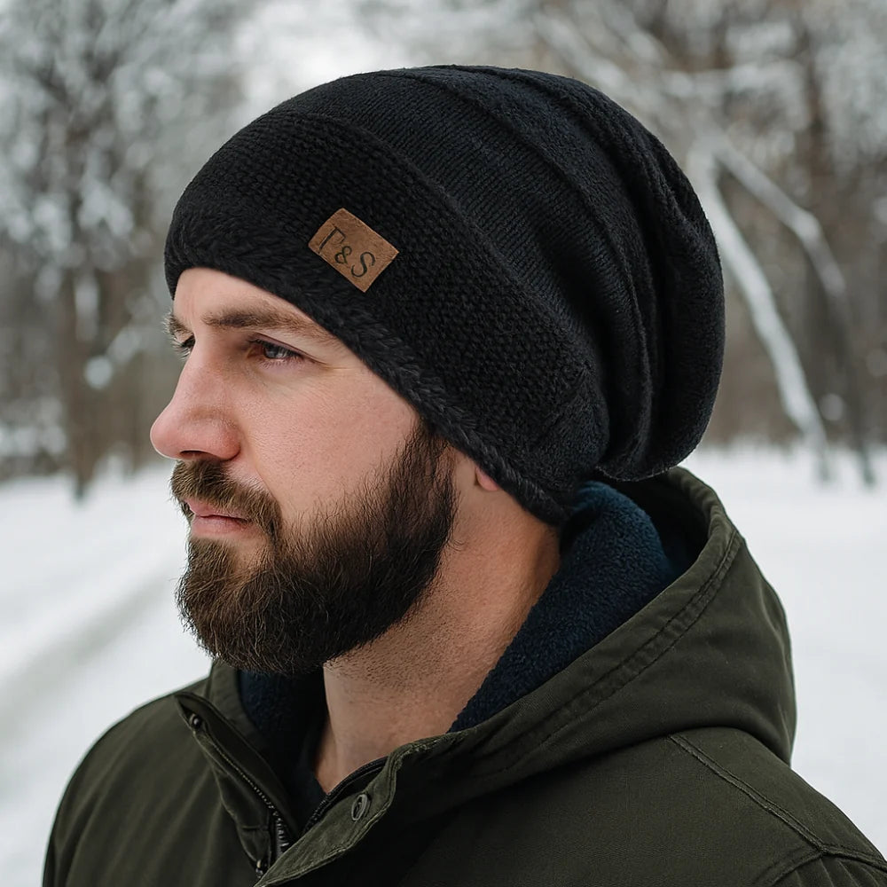 Cozy Crest Fleece Lined Slouch Beanie - Windproof Knit Winter Hat, Fits 22 to 22.8 in, Khaki / Black / Grey / Red