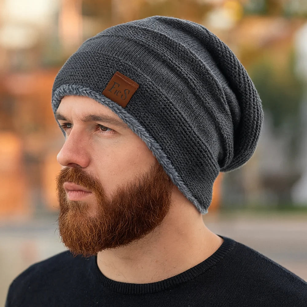 Cozy Crest Fleece Lined Slouch Beanie - Windproof Knit Winter Hat, Fits 22 to 22.8 in, Khaki / Black / Grey / Red