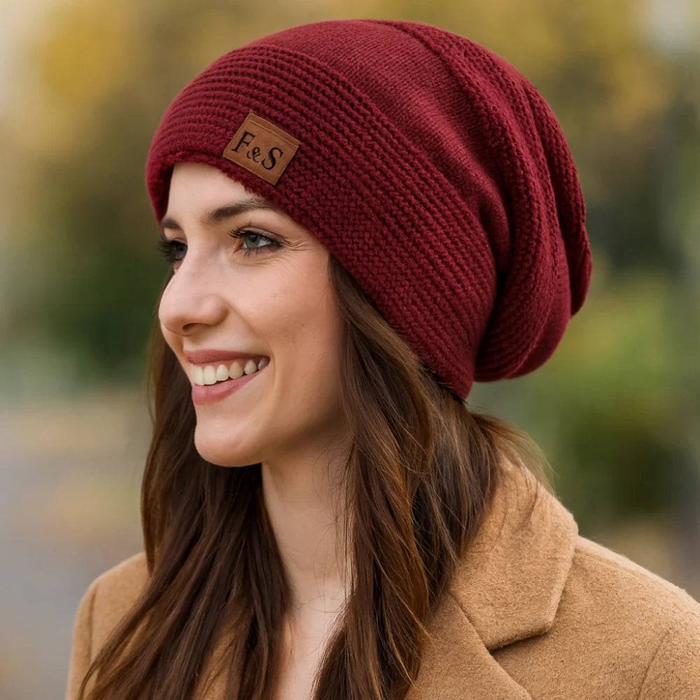 Cozy Crest Fleece Lined Slouch Beanie - Windproof Knit Winter Hat, Fits 22 to 22.8 in, Khaki / Black / Grey / Red