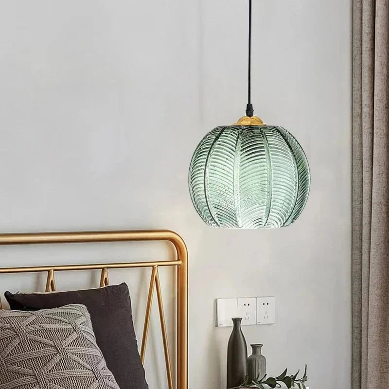 Retro Green Ribbed Glass Pendant Lamp