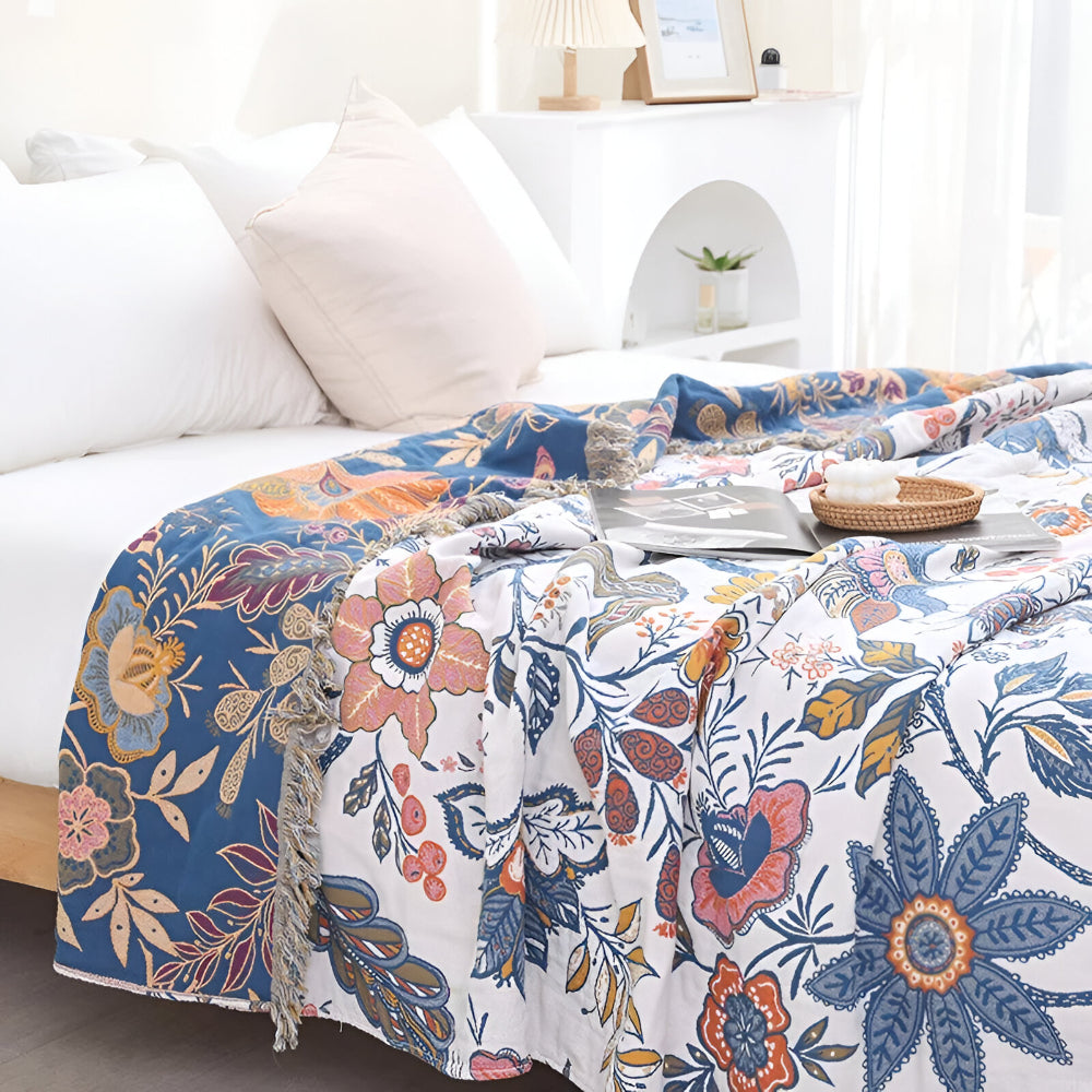 Reversible Floral Tassel Throw