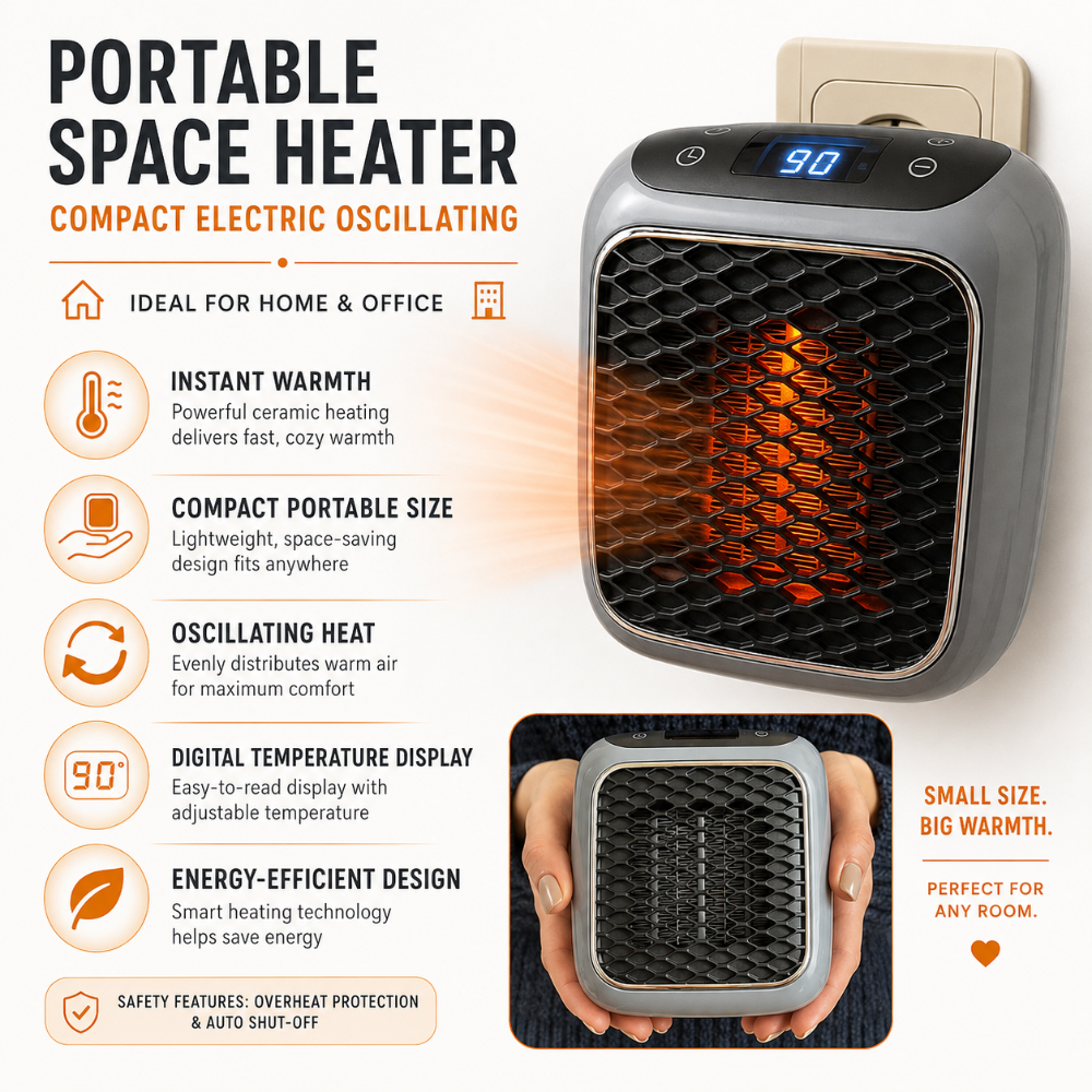 Cozy Crest Oscillating Portable Space Heater - Rotating Personal Room Heater for Bedroom, Office & Living Room