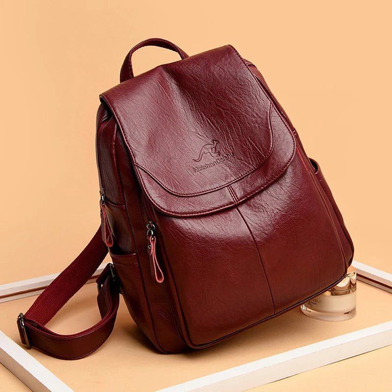 Wine red soft leather backpack