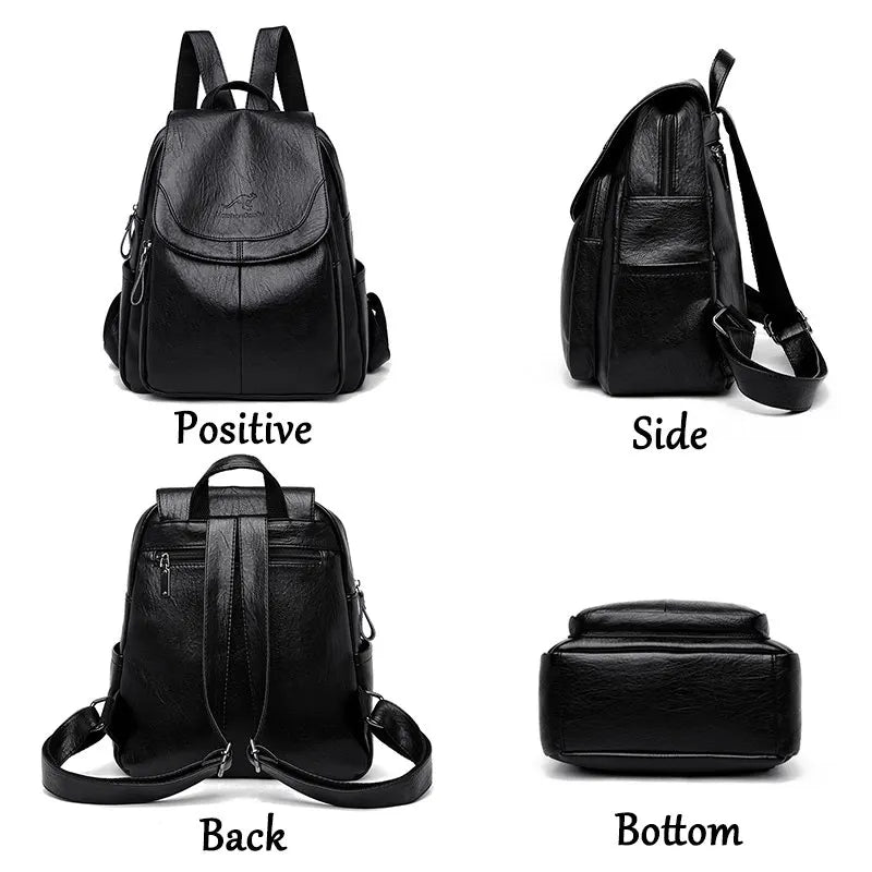 Leather backpack front, side, back and base views