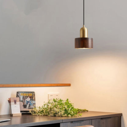 Walnut & Brass Cylinder Pendant Light