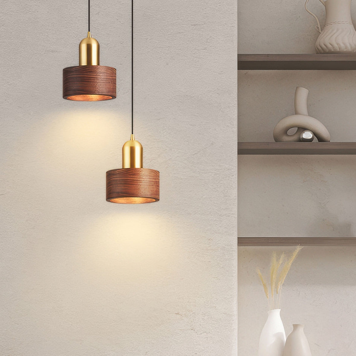 Walnut & Brass Cylinder Pendant Light