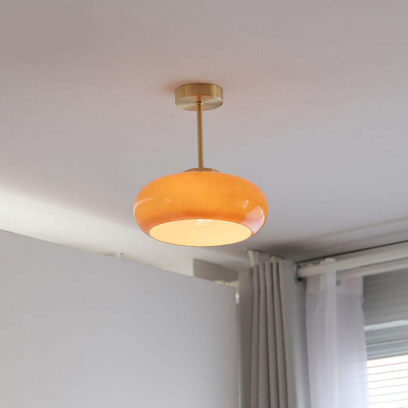 Vintage Brass & Amber Glass Ceiling Light
