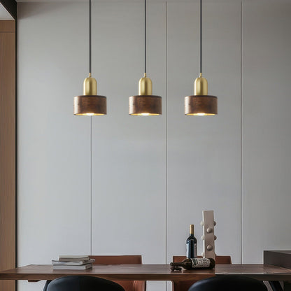 Walnut & Brass Cylinder Pendant Light