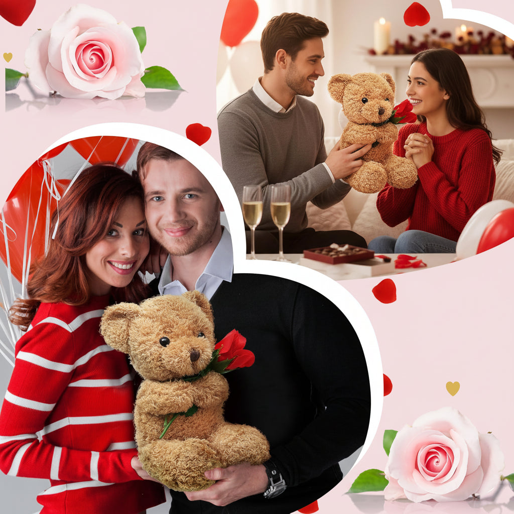 Cozy Crest Rose-Holding Plush Teddy Bear - Soft Valentine's Gift Bear, 11.8 to 51.2 in, Multiple Colors, Anniversary Gift