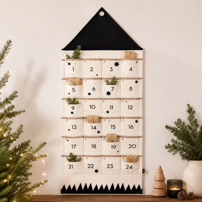 Cozy Crest Fabric Christmas Countdown Calendar - Reusable Advent Calendar with Pockets, Black or Red, Hanging Holiday Decor