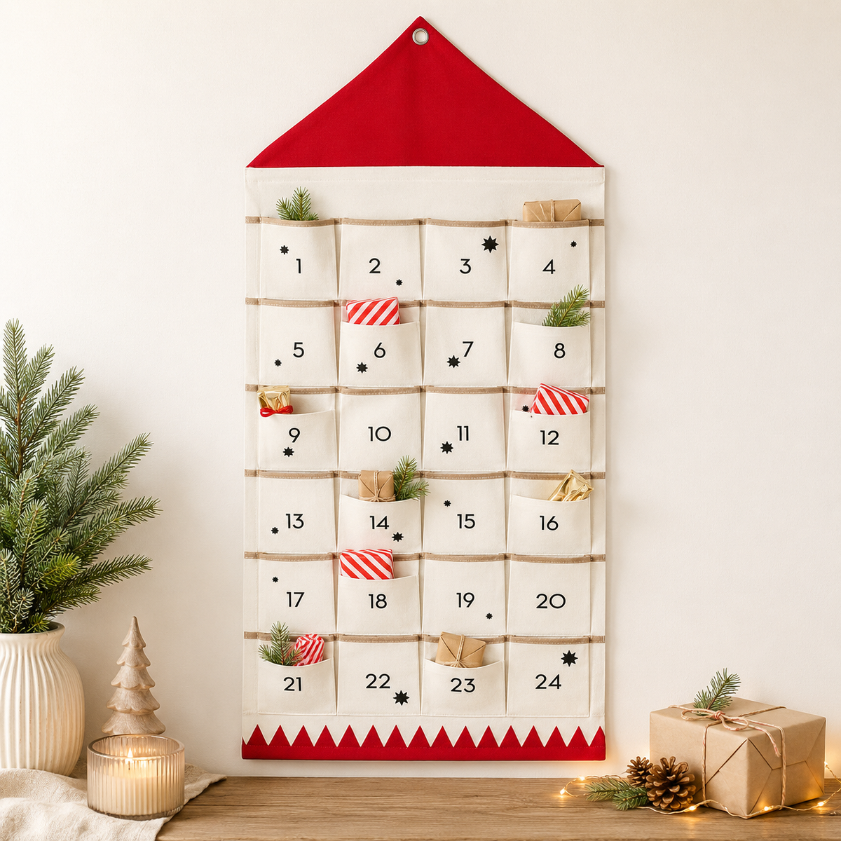 Cozy Crest Fabric Christmas Countdown Calendar - Reusable Advent Calendar with Pockets, Black or Red, Hanging Holiday Decor