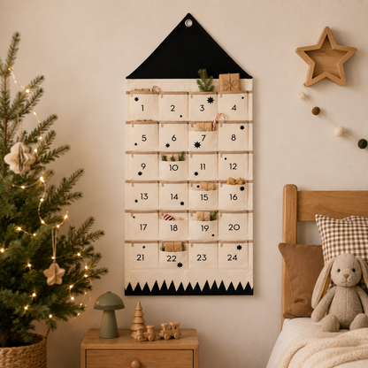 Cozy Crest Fabric Christmas Countdown Calendar - Reusable Advent Calendar with Pockets, Black or Red, Hanging Holiday Decor