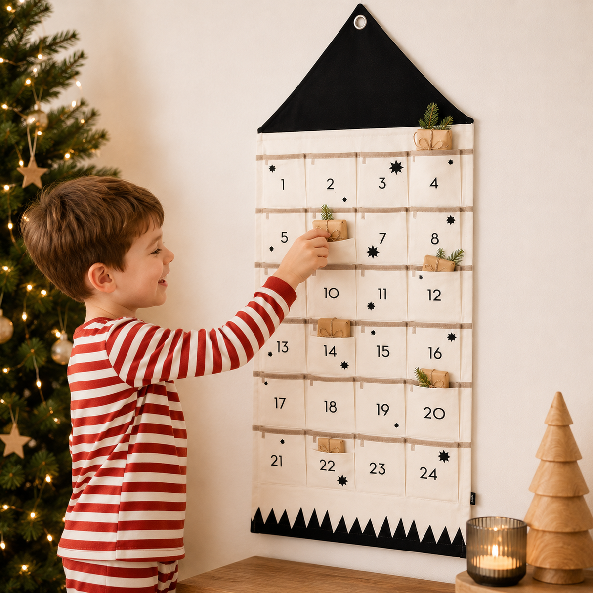 Cozy Crest Fabric Christmas Countdown Calendar - Reusable Advent Calendar with Pockets, Black or Red, Hanging Holiday Decor