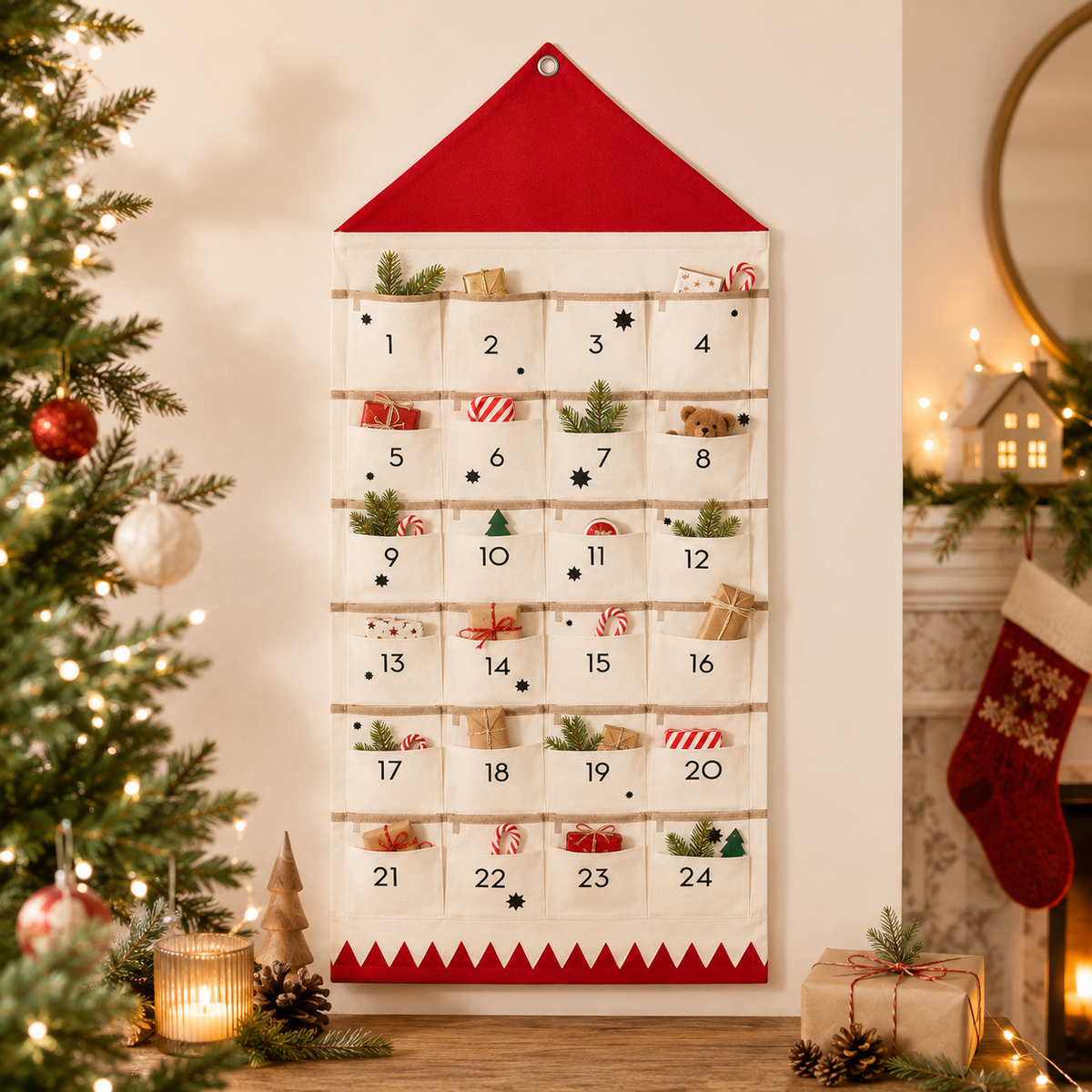 Cozy Crest Fabric Christmas Countdown Calendar - Reusable Advent Calendar with Pockets, Black or Red, Hanging Holiday Decor