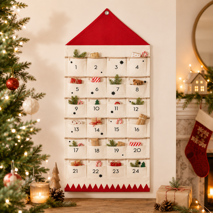 Cozy Crest Fabric Christmas Countdown Calendar - Reusable Advent Calendar with Pockets, Black or Red, Hanging Holiday Decor
