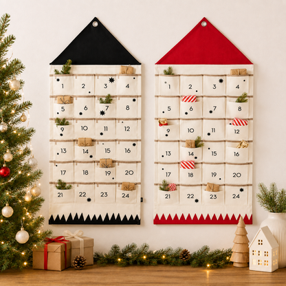 Cozy Crest Fabric Christmas Countdown Calendar - Reusable Advent Calendar with Pockets, Black or Red, Hanging Holiday Decor