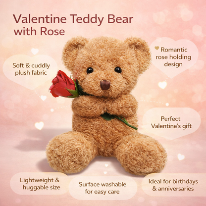 Cozy Crest Rose-Holding Plush Teddy Bear - Soft Valentine's Gift Bear, 11.8 to 51.2 in, Multiple Colors, Anniversary Gift