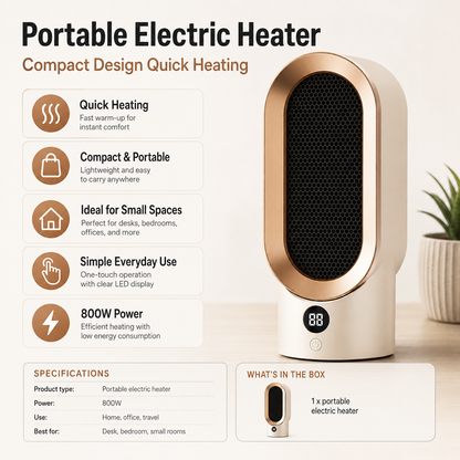 Cozy Crest Portable Electric Space Heater - Compact Personal Heater for Desk, Bedroom & Home Office, Fast Warm-Up