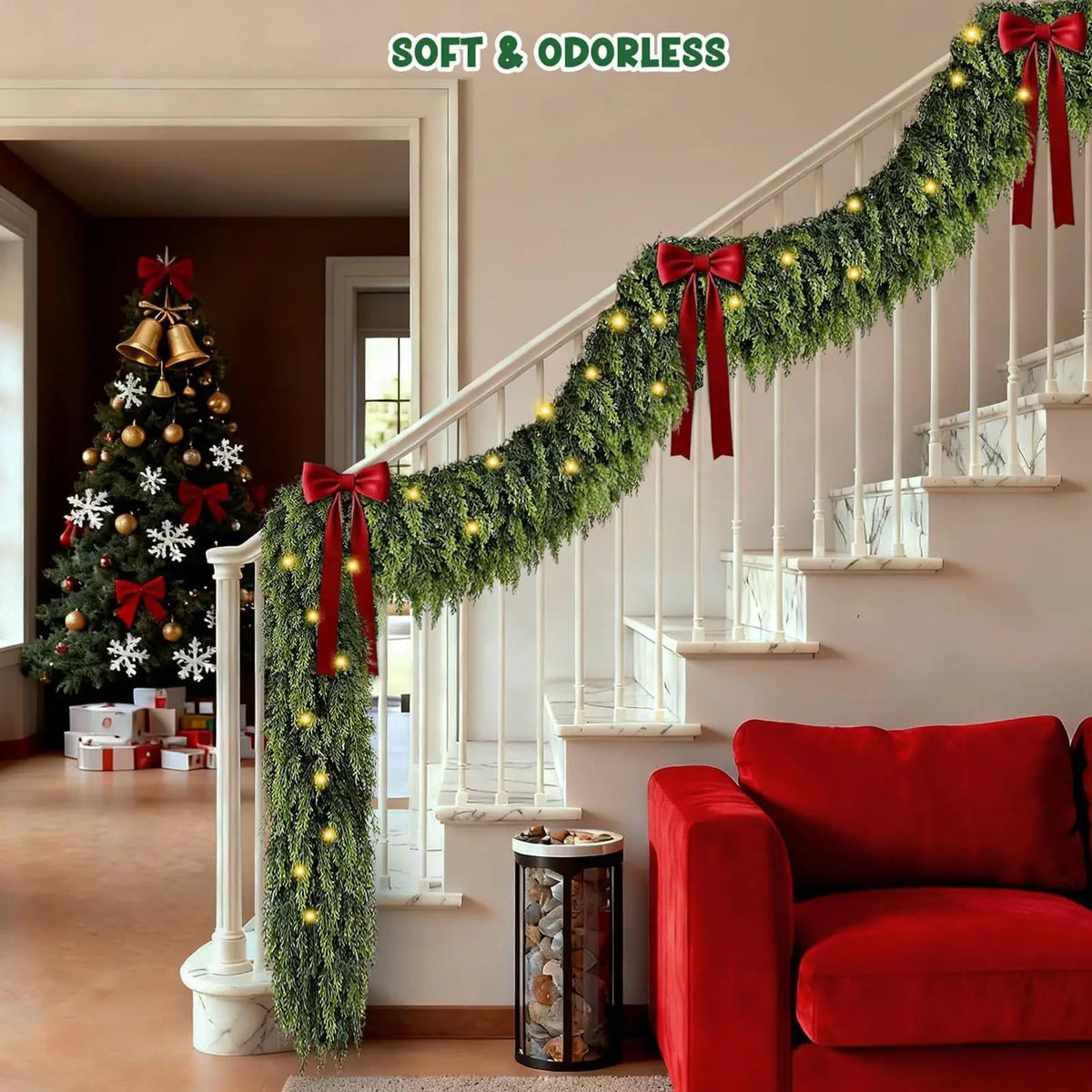 Cedar garland wrapped along a stair railing