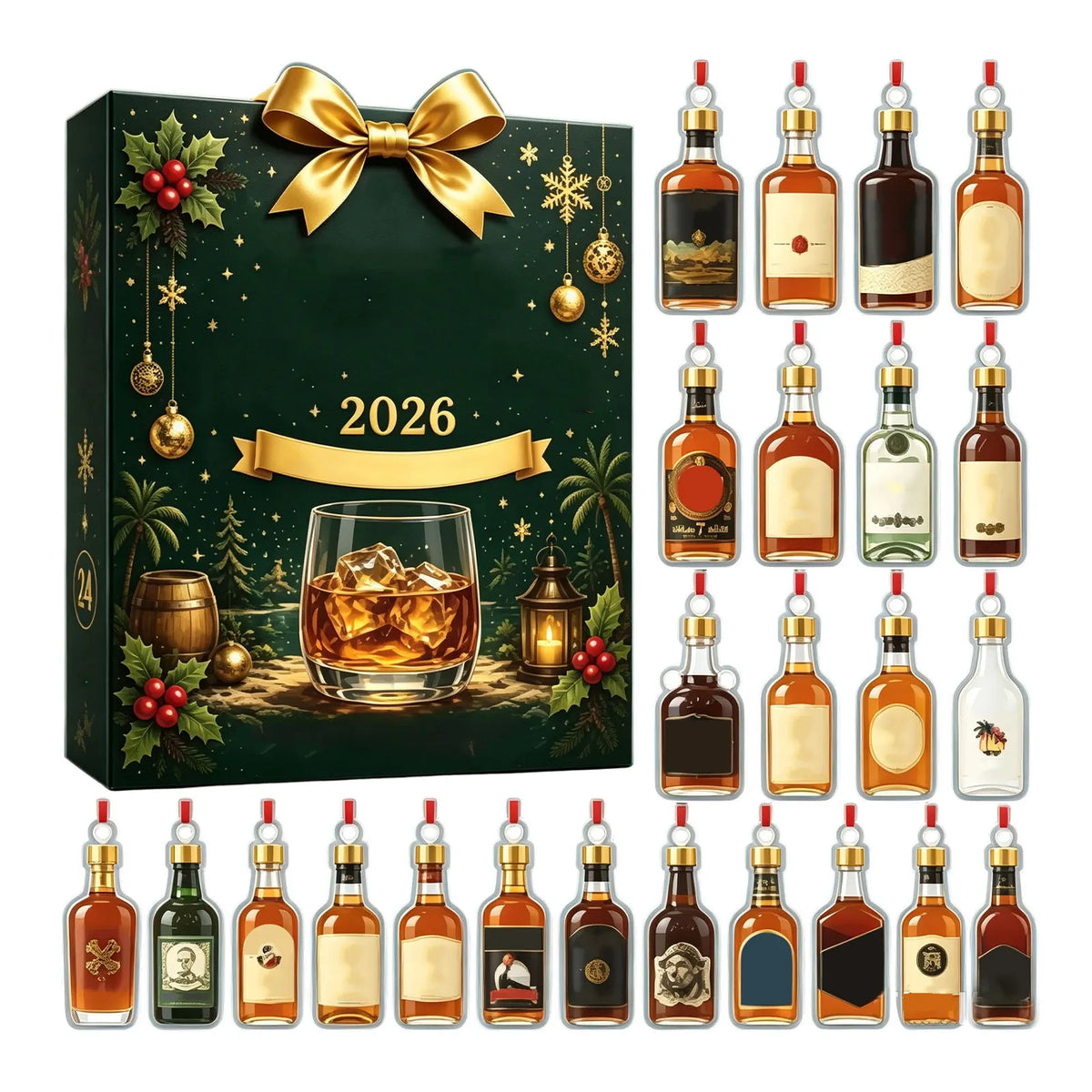 2026 whiskey bottle advent calendar box with 24 acrylic bottle ornaments