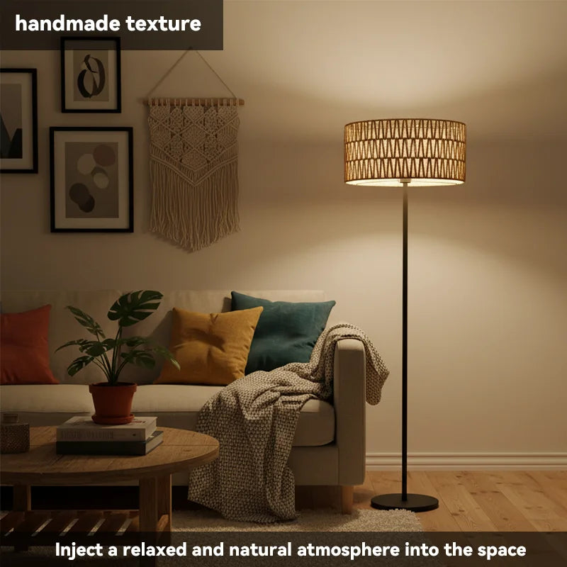 Woven drum shade on a floor lamp in a cozy living room