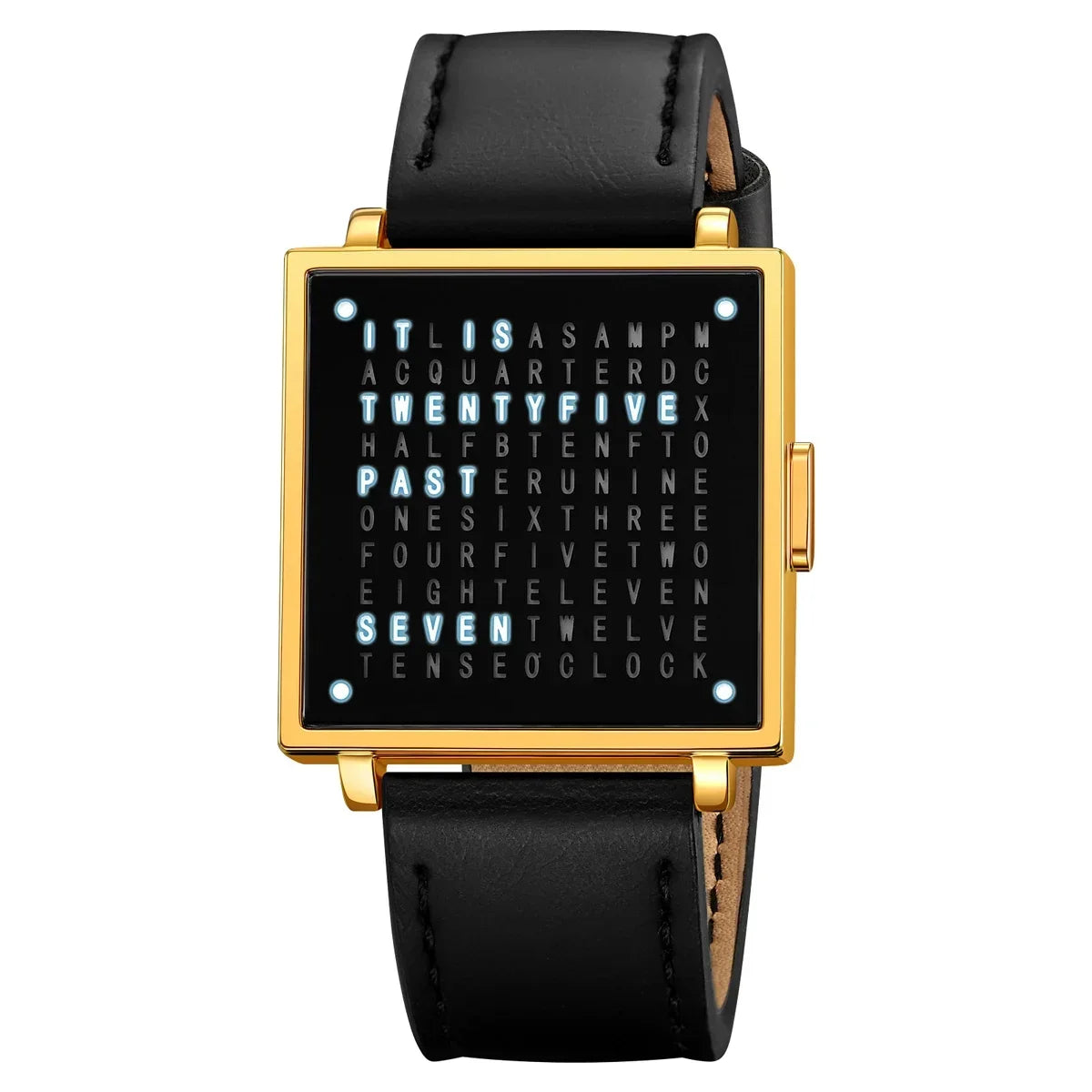 Gold digital watch with leather strap