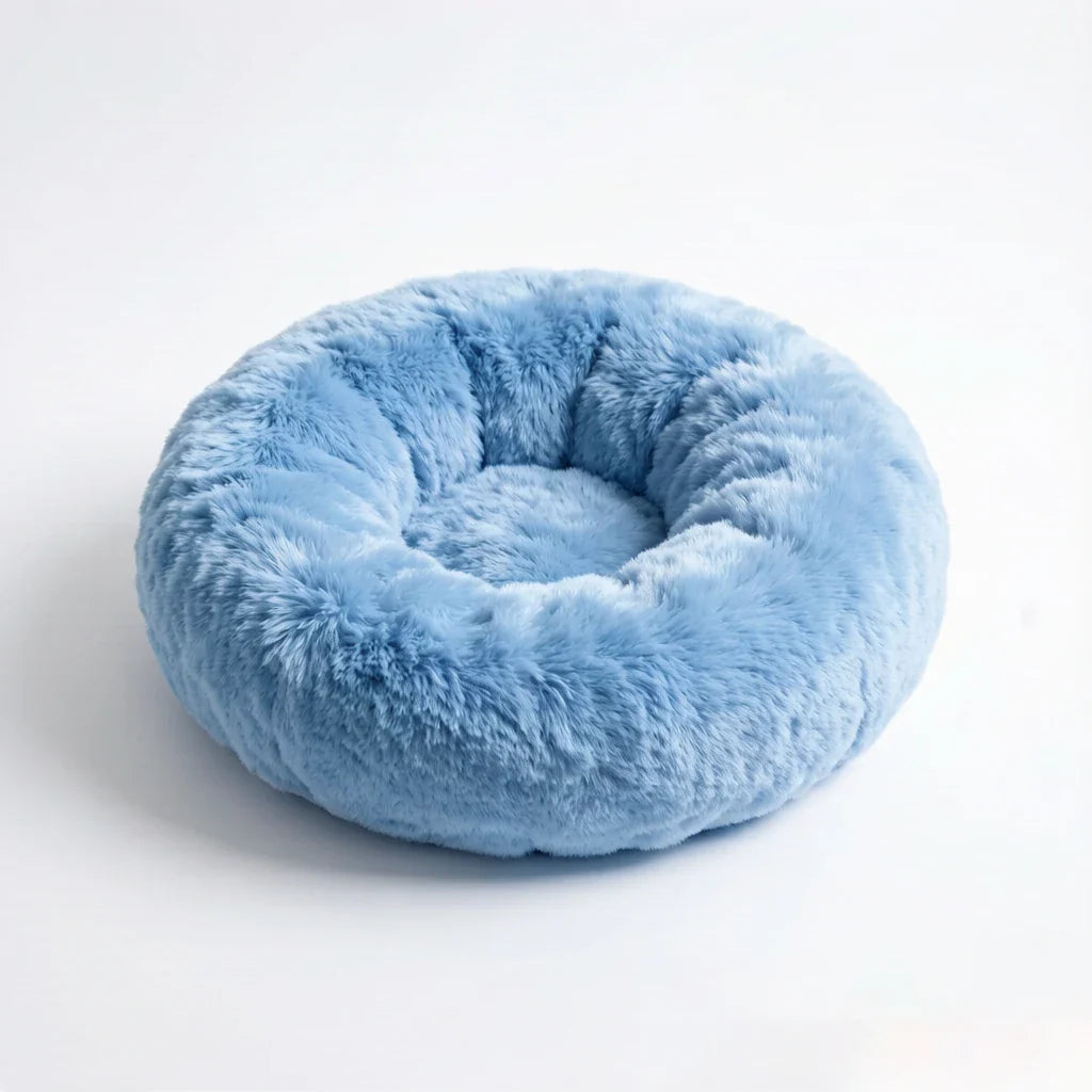 Blue plush donut pet bed