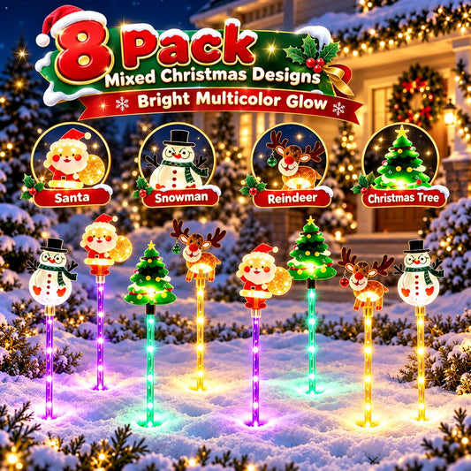 8 pack solar Christmas stake lights with Santa, snowman, reindeer and tree designs
