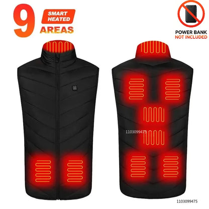 Black USB rechargeable heated vest with 9 heating zones