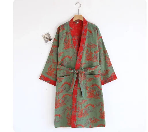 Cotton gauze kimono robe in Olive Poppy